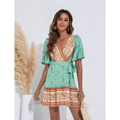 DAILOU New Style Ladies Elegant Print Mini Dress Fashion Ladies V-neck One-piece Floral Bohemian Flounce Dress vestido de mujer