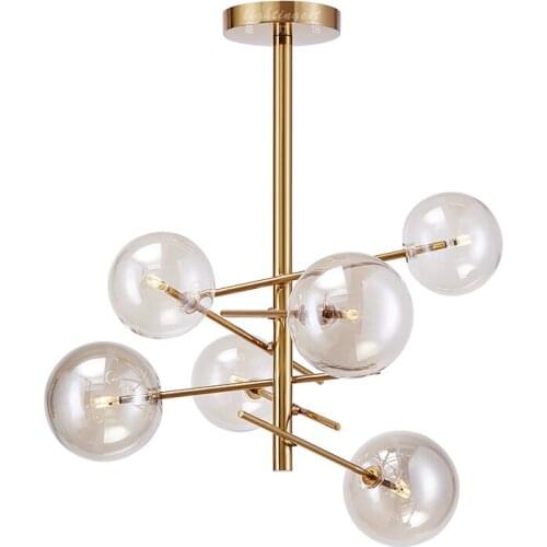 6 head modern cognac glass ball chandelier light G4 bulb gold body Luxury hanging lighting living room villa lighting