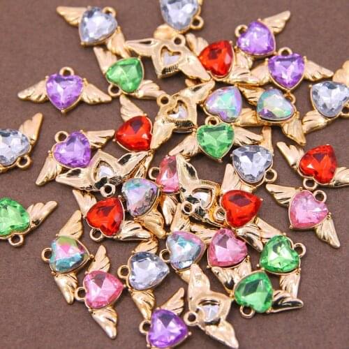 6pcs Hot Sale Mini Crystal Heart Wing Charms Pendant Gold Metal Wings Hearts Pendants Wholesale For DIY Handmade Earring Accesso