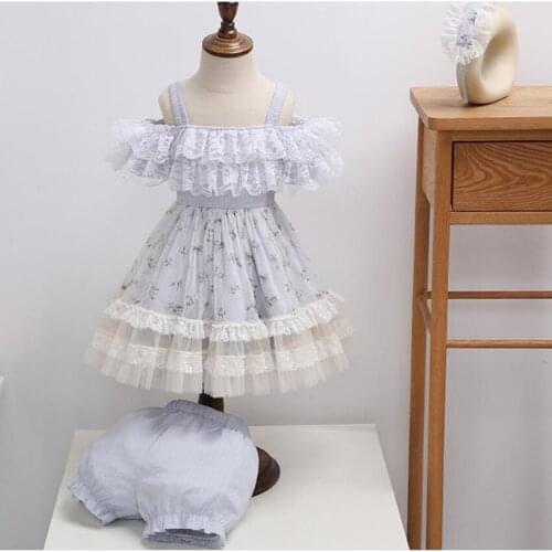 Baby girl summer vintage Spanish lolita ball gown dress kids lace stitching spaghetti strap printed ball gown dress