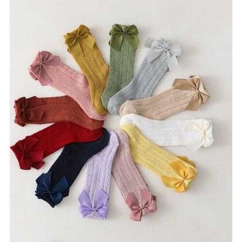 Summer Baby Girls Socks With Bow Kids Long Sock Knee High Cotton Hollow Out Toddlers Mesh Children Princess Socken For 0-7 Years