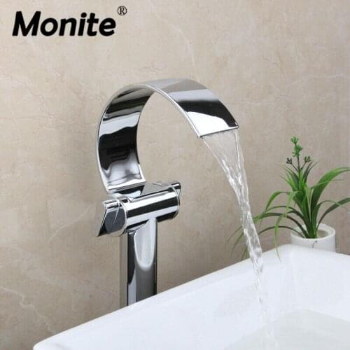 Monite Chrome Solid Brass Bathroom Faucet Polished Chrome Mixer Taps Waterfall Water 1 Handle Deck Mounted Basin Faucets Tap