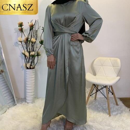 2021 New Muslim Dress Hot selling Design Abaya Clothing For Women Modest Fashion Tie Belt Satin Dress Turkey Middle East
