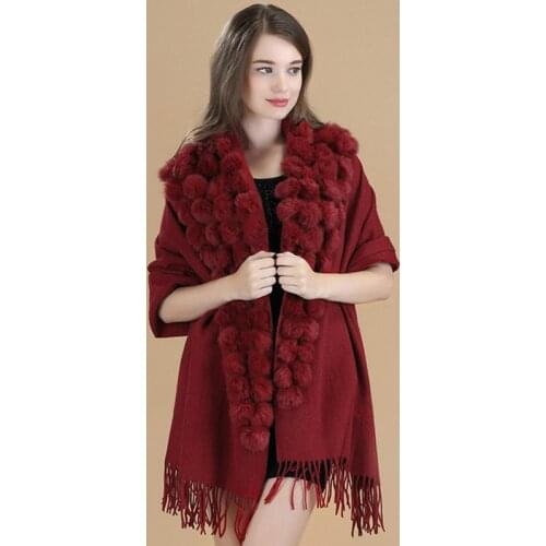 New Burgundy High Quality Womens 100% Wool Rabbit Fur Balls Pashmina With Fine Tassel Thick Shawl Scarf Warm Fashion112801