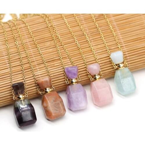 Natural Perfume Bottle Crystal Stone Pendant Necklace Agates Rose Quartz Essential Oil Diffuser Charm Copper Chain Jewelry Gift