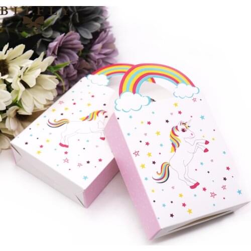 50pcs Unicorn Gift Bags Kraft Paper Bags with Rainbow Handle Cartoon Unicorn Birthday Party Decorations Kids Candy Packaging Bag