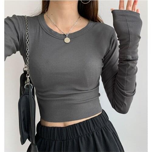 Sexy Tight-fitting Sweatshirt European and American Style Long Sleeved Bottoming Shirt Solid Color Short T-shirt Women Crop Tops