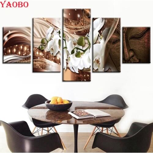 Full Round/Square Diamond Painting Cross Stitch 5 Pieces Buddha Pictures White Magnolia Flower Diamond Embroidery Mosaic Picture