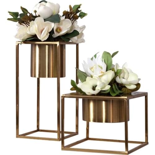 Luxtry Home Decor Accessories Gold Metal Tabletop Plant Bonsai Flower Tray Home Wedding Decor Art Vase Rack Dried Flower Pots