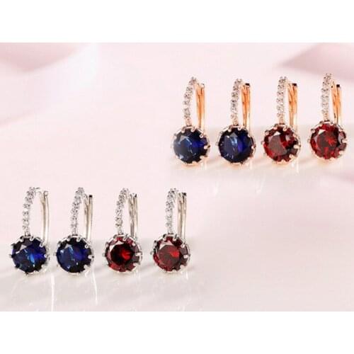 Cute Romantic Lovely Red Blue CZ Stone Round Shape Convenient Simple Stud Earrings Rhinestone Cubic Zirconia For Women Party
