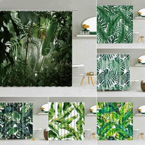 Tropical Plant Green Leaf Shower Curtain Palm Monstera Leaves Kids Bath Screen Waterproof Fabric Bathroom Decor Hooks Curtains