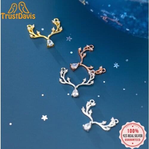 TrustDavis 2021 Fashion Real 925 Sterling Silver Sweet Animal Antlers CZ Charm Pendant Handmade DIY Accessories Wholesale DZ36