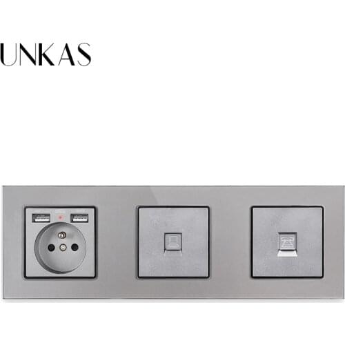 UNKAS French Standard Dual USB Grey Socket + RJ45 Internet Computer Jack + TV Television Connector Port Glass Panel Outlet