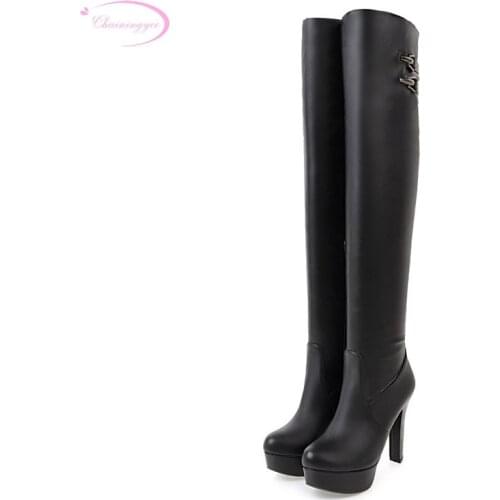Chainingyee knight round toe over knee high boots fashion belt buckle brown white black platform high heels womens riding boots