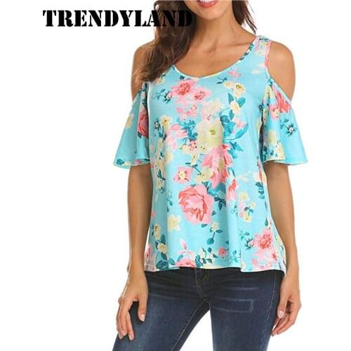 Trendyland Womens Blouse Round Neck Floral Print Short Sleeve Off Shoulder Loose Casual Blouse Bohemian Style Tops Dropshipping
