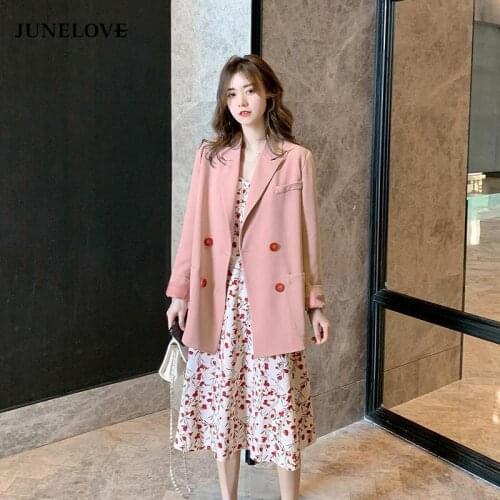 JuneLove Women 2020 Blazers Jackets Vintage Double Breasted Female Korean Blazers Casual Street Office Lady Pink Outwears