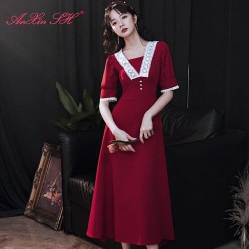 AXJFU princess wine red satin long evening dress vintage sweet heart white lace graduation dinner party a line red evening dress