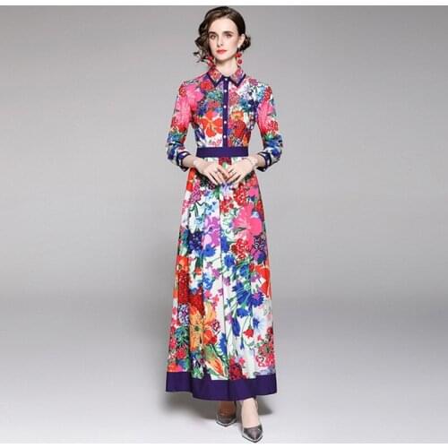 2021 summer autumn Elegant Floral print Maxi Dress Women Turn Down Collar long Sleeve Flower Print Long dress Vestidos