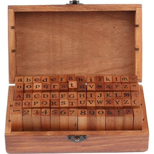 70 Pcs DIY Letter Alphabet Stamp Anglais Cursive Digital English Number Stamps Vintage Teach Set With Dark Brown Wooden Box