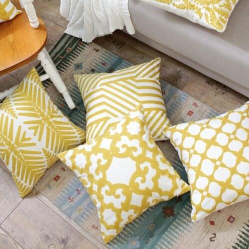 Home Decor Embroidered Cushion Cover Yellow Ginger/White Geometric Floral Canvas Cotton Square Embroidery Pillow Cover 45x45cm