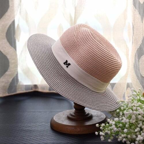 DOUYUB003 Fashion Womens Sun Visor Hats New Ladies Wide Brim Metal MN Letter Ribbon Caps For Beach Holiday