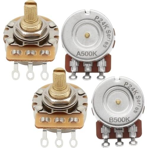 FLEOR 4PCS Short Shaft 24-Tooth Guitar Potentiometers Brass 3/8" Threaded Shaft Pots A500K/A250K/B500K/B250K Option