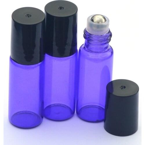 5pcs Hot 5ml Sample Roller Glass Bottle Blue Empty Perfume Essential Oil Roll-On Bottle with Black Plastic Cap