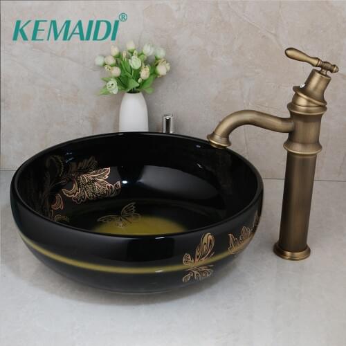 KEMAIDI Bathroom Washbasin Ceramic Basin Sink Bathroom Antique Brass Basin Mixer Faucet Black Round Bowl Sinks Vessel Basin