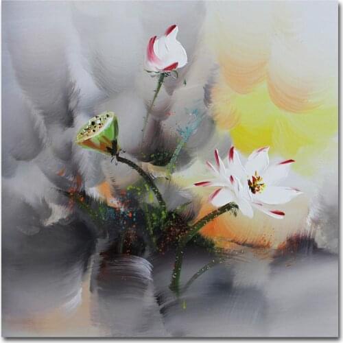 Muzagroo Art Hand Painted Lotus Paintings for Living Room Original Floral Wall Art Canvas Paintings for Living Room Home Decor