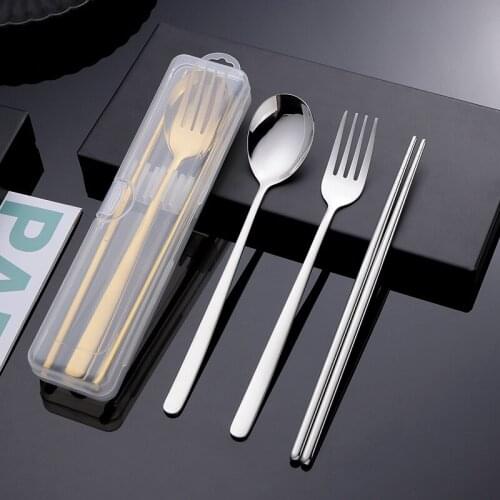 Korean Ins Portable Cutlery Three-piece 304 Stainless Steel Chopsticks Fork Spoon Travel Cutlery Set Dinnerware Set