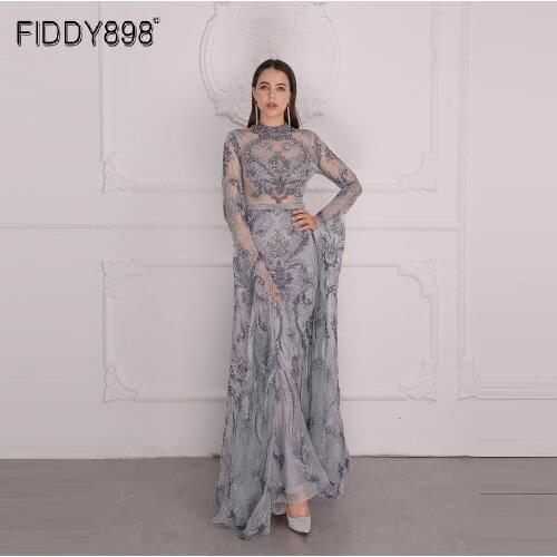 Maxi Long Sleeves High Neck Evening Dress Beaded Lace Formal Gowns For Women Sexy Illusion Party Wear Robe De Soiree