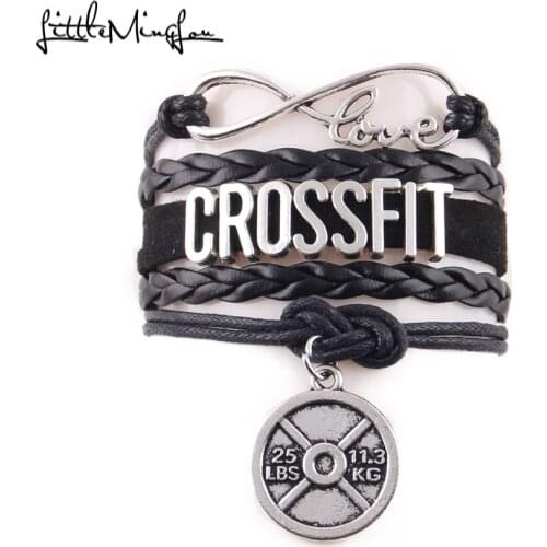 Little Minglou infinity love Crossfit Bracelet Dumbbell charm bracelets & bangles for women men leather fitness jewelry