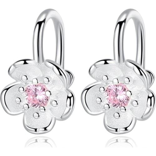 Trendy 925 sterling silver Flower Ear Clip on Earrings No Ear Hole Plant Pink Purple Cubic Zircon Women Earring Jewelry