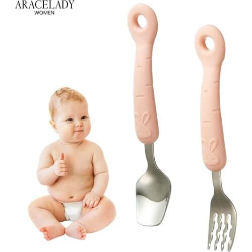304 SS Baby Training Spoon Fork Set Safety Stainless Steel Feeding Flatware Cartoon Kid Feeder Utensils Feed Spoon Tableware