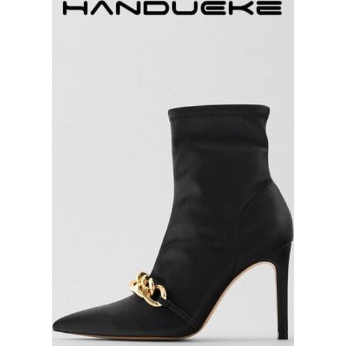 Newest Leather Womens Boots Pointed Toe High Heels Golden Chain High Heel Boots Winter High Heel Socks Boots