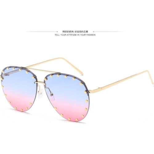 New Oversized Gradient Luxury Fashion Rivet Rimless Orange Pilot Women Sunglasses UV400 Glasses