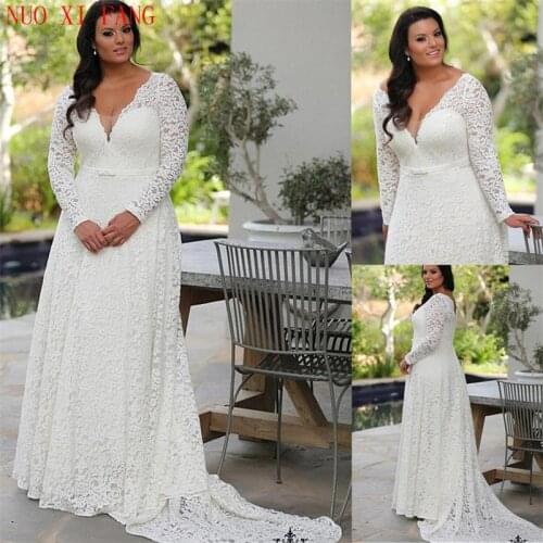NUOXIFANG Glamorous Lace V-neck Plus Size A line Wedding Dresses 2020 Bowknot Long Sleeves Lace Bridal Dress Vestido De Noiva