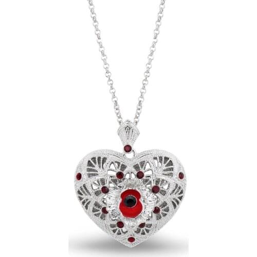 1.2 Inch Filigree Poppy and Heart Necklace with Red Enamel and Crystals White Gold Tone