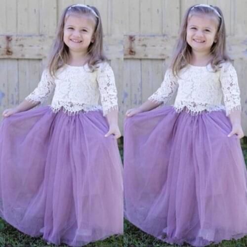 Scoop Neck A Line Lavender Tulle Flower Girls Dresses Half Sleeves White Lace Little Girls Pageant Communion Dresses
