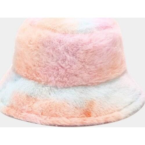 Thick Pink Faux Fur Bucket Hat For Women Girl Rainbow Tie Dye Soft Warm Fishing Cap Fisherman Gorros Winter Lady Gifts