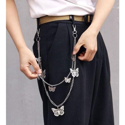 Butterfly Biker Link Pants Belt Double Layers Trousers Punk Streetwear Wild Keychain Fashion Women Man Chain Unisex