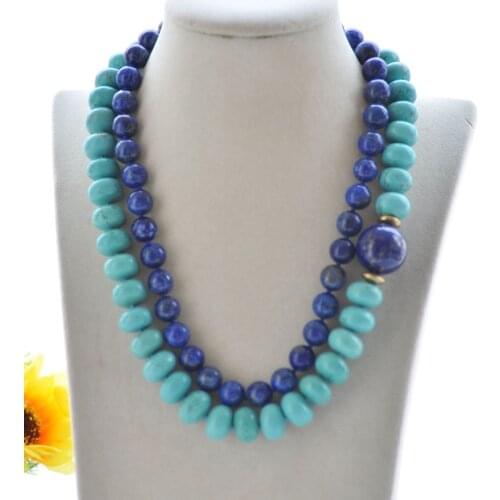 S2456 2Row 20mm Round Blue lapis-lazuli & Oblate Turquoise Necklace