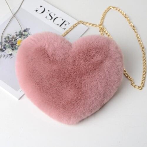 Cute Girls Fluffy Rabbit Fur Heart Bag Handbags For Women Plush Fur Love Heart Purse Handbags Messenger Bag Female Party Gift