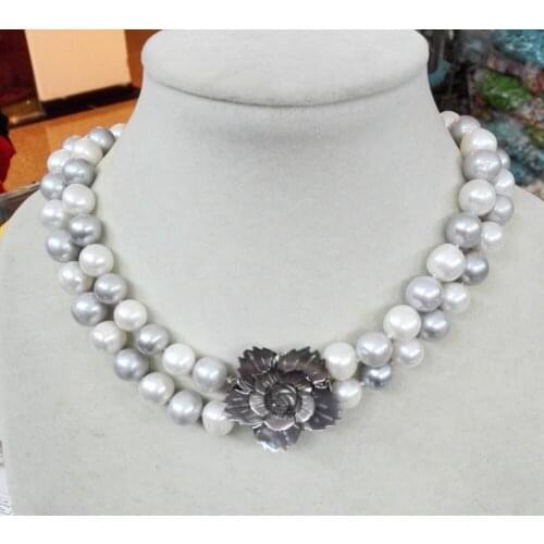 Wedding Women Jewelry Necklace 2 Rows 18inch Bright White Gray Mixed Natural Freshwater pearl Necklace Pretty big Flower Clasp