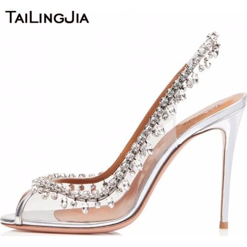 Peep Toe Crystal Wedding Shoes Stilettos High Heel Rhinestone Pumps for Women Large Size Slingbacks Party Clear PVC Bridal Shoe