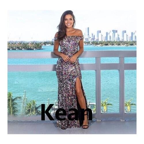 Purple Sequins Evening Dresses High Slit Off the Shoulder Simple Plus robe de soiree Evening Gowns Prom Dress Vestidos De Festa