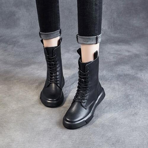 Yiluan Hot Sales Genuine Leather Short Boots Warm Women Zip Round Motorcycle Boots Retro Student Retro Party Shoes Platform New