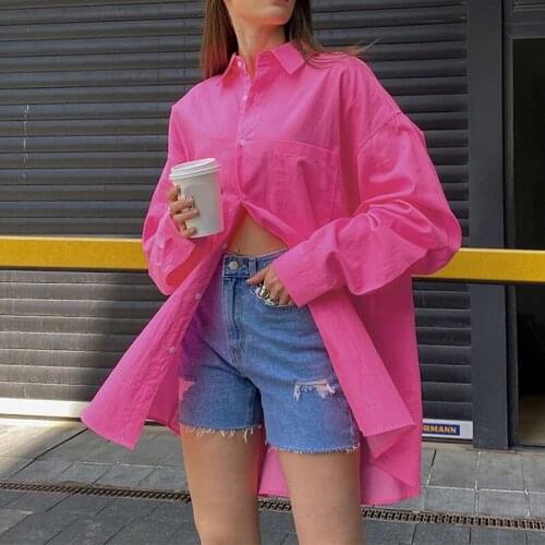 Turn Down Collar Long Sleeves Pocket Women Shirt Lady Solid Red Single Breasted Button Casual Loose Blouse Shirts For Autumn New