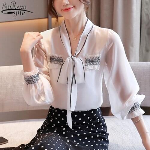 Latern Long Sleeve White Womans Shirt OL Style Autumn New Vintage Bow V Collar Chiffon Blouse Korean Overalls for Women 10665