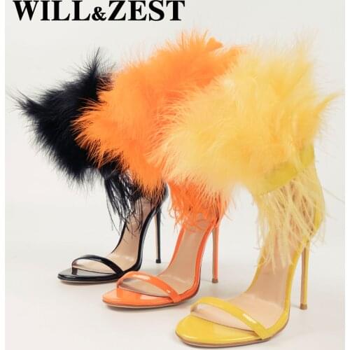 WILL&ZEST Stilleto High Sexy Feather Heels Fashion White Bling Summer Sandals Open Toe Funny Women Shoes Stripper Heels Fetish